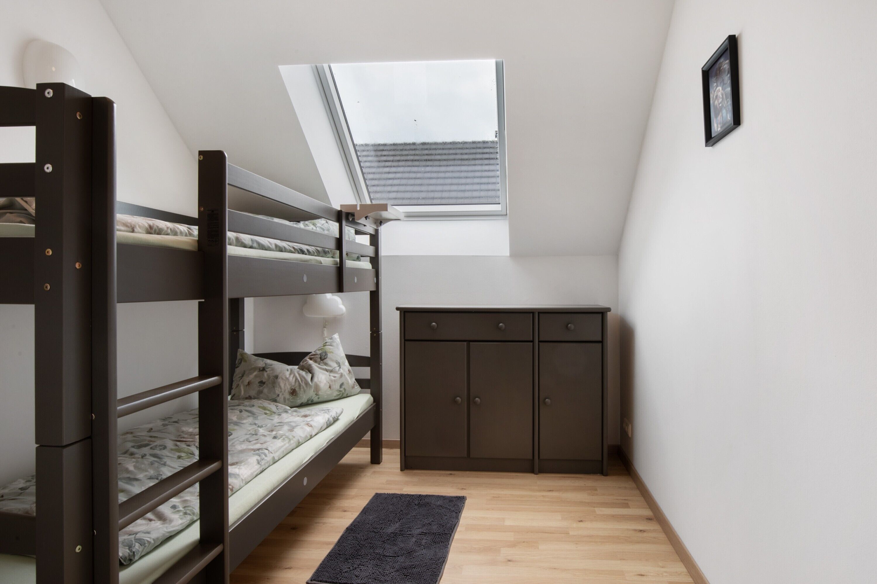 A bunk bed with a desk and wardrobe, a skylight, and a small rug.