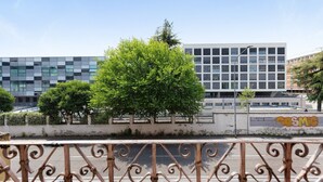 Un bâtiment moderne avec une façade en verre, un arbre devant et une clôture en métal.