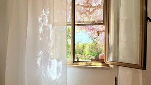 A window with a view of cherry blossoms and a stone wall.
