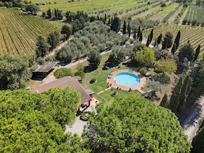 A residential property with a swimming pool, vineyard, and a red-roofed building. - 'Merlot' Apartment with Shared Pool, Private Terrace, and Communal Garden (Suvereto)