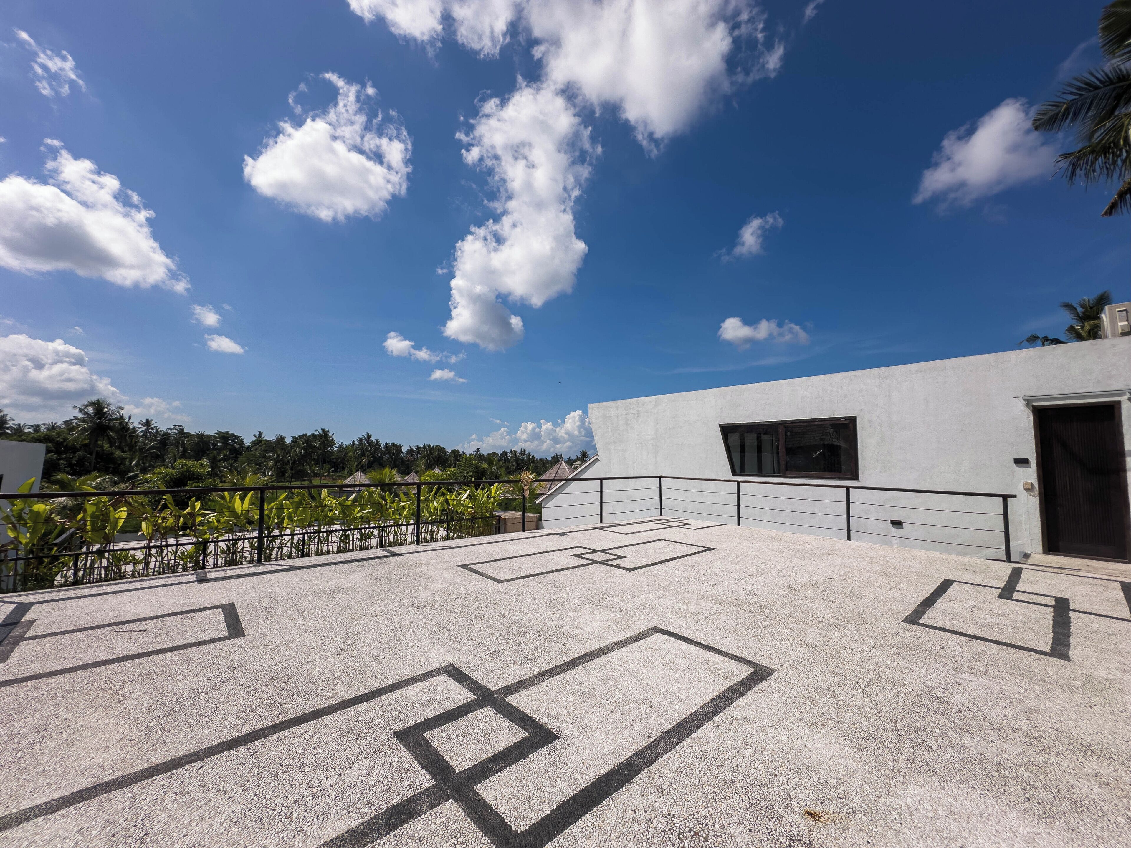 A rooftop terrace with a clear blue sky, palm trees, and a modern building with a large window and door.