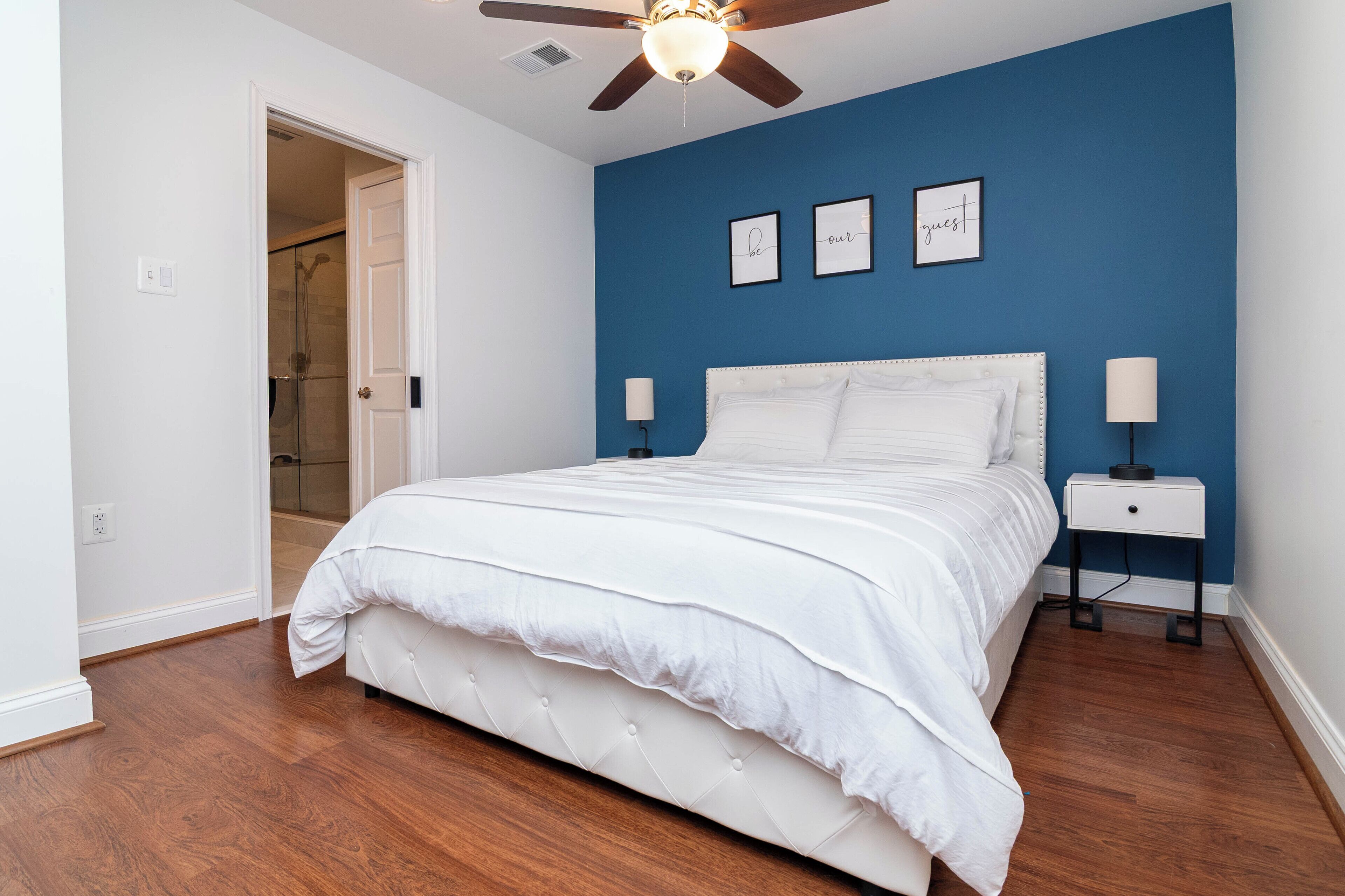 1 bedroom, desk, iron/ironing board, bed sheets