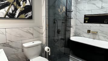 Hair dryer, bidet, towels, soap