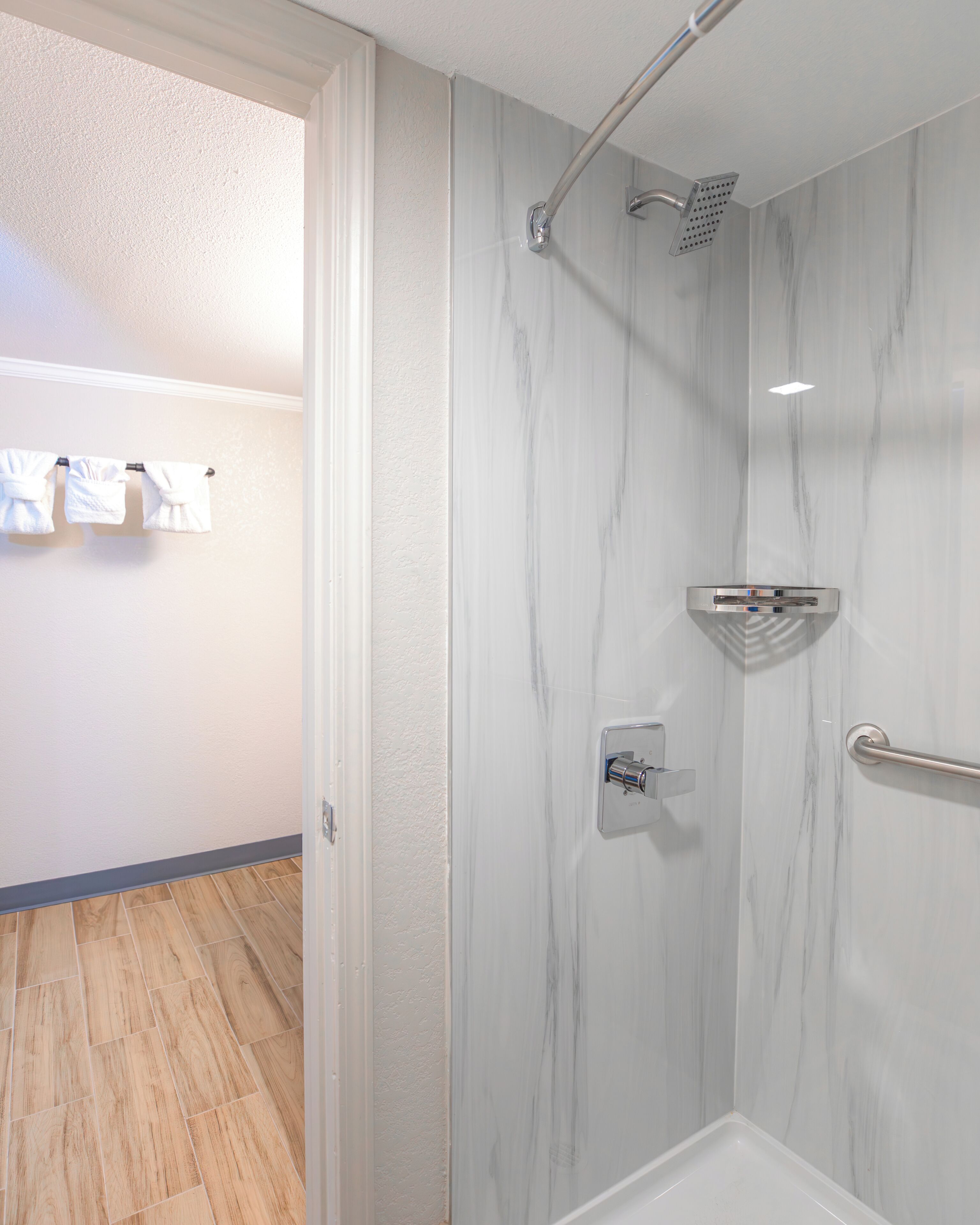 Shower, towels, soap, shampoo