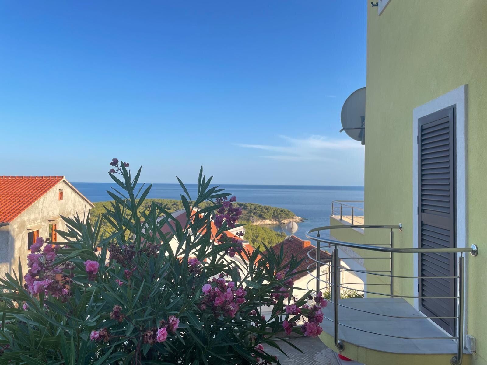 A balcony with a view of the sea, a satellite dish, and a building with a red roof.
