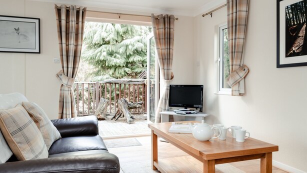 A living room with a leather sofa, a wooden coffee table, a flat-screen TV, and plaid curtains. - Lodge 7 by Interhome (Boat of Garten)