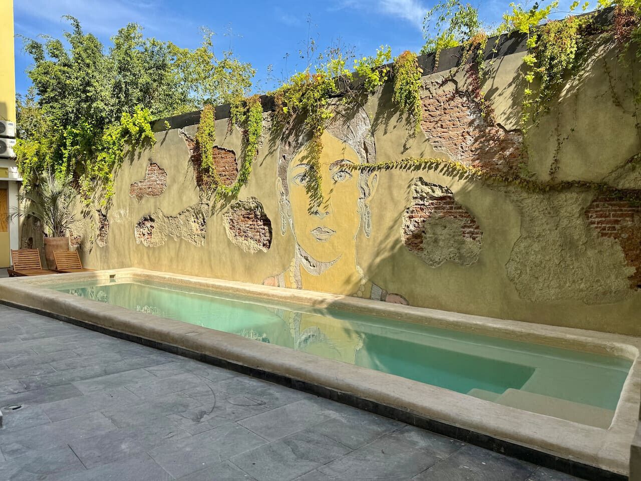Ein Swimmingpool mit Wandmalerei, umgeben von einer gepflasterten Fläche und Grünpflanzen.