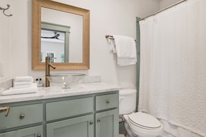 Hair dryer, towels, soap, toilet paper