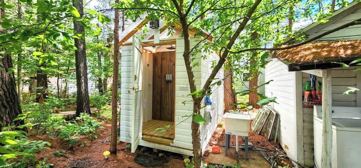 A small wooden cabin with a door, surrounded by trees and a garden.
