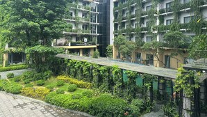Un edificio moderno con numerosi balconi ricoperti di verde, un giardino pensile e un cortile curato con diverse piante e un percorso pedonale decorativo.