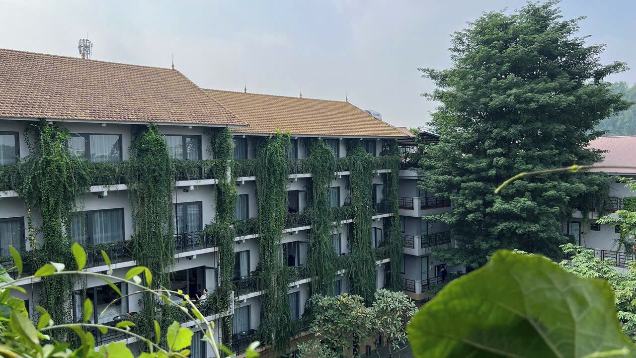 A multi-story building with balconies covered in greenery, surrounded by trees.