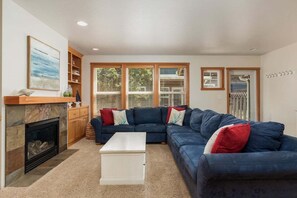 Smart TV, fireplace, books
