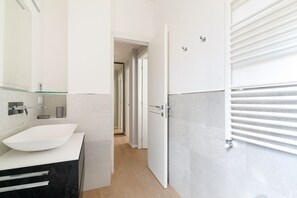 Shower, hair dryer, bidet, towels