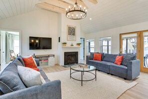 TV, fireplace - Walk to White Lake: Family Home w/ Deck & BBQ (White Lake)