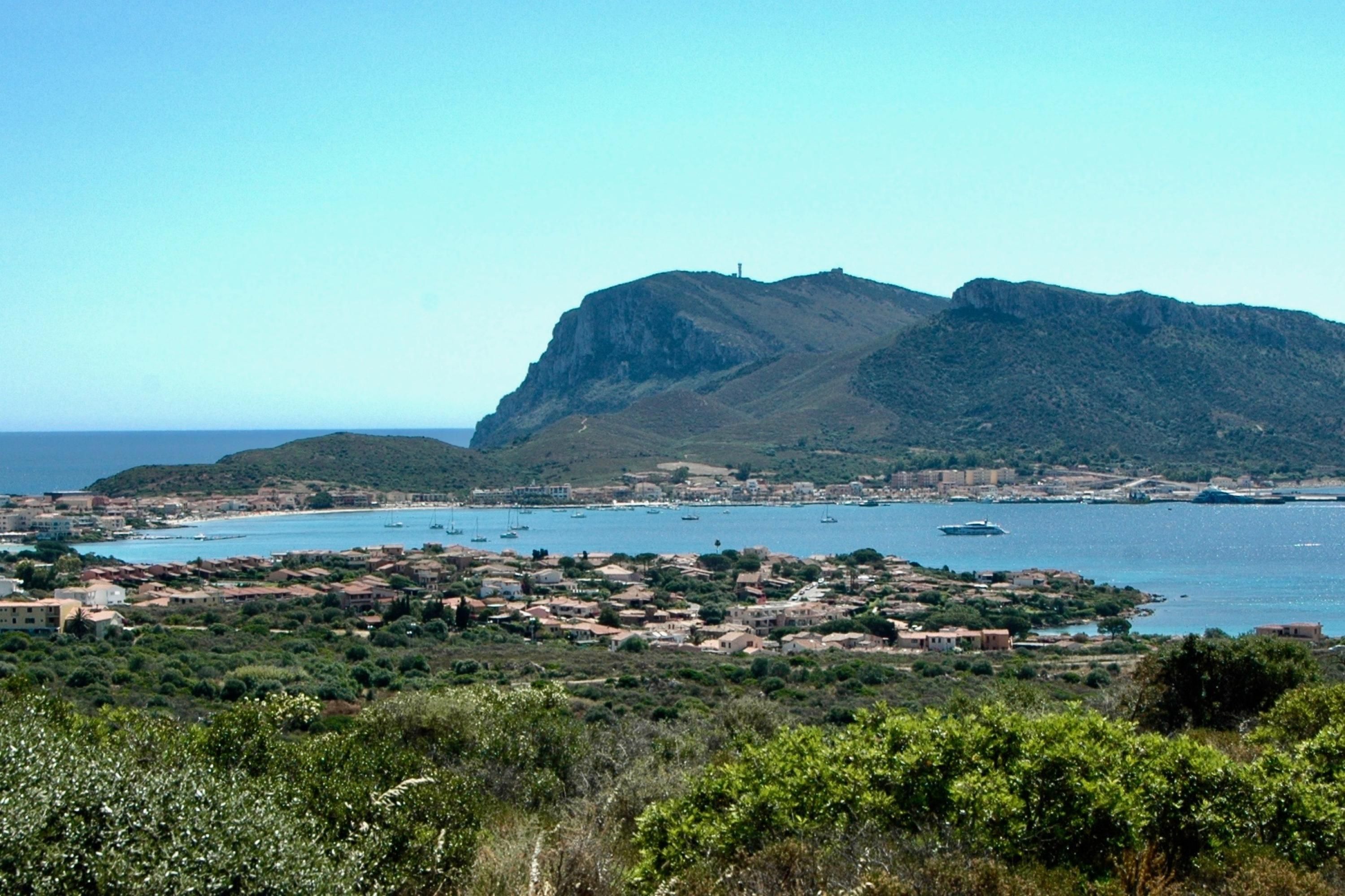 Une ville côtière avec des bâtiments le long du front de mer, une montagne imposante en arrière-plan et des bateaux sur l’eau.