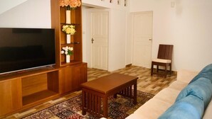 Een woonkamer met een flatscreen televisie, een houten tv-meubel, een kamerkleed met patroon, een blauwe bank en een houten stoel.