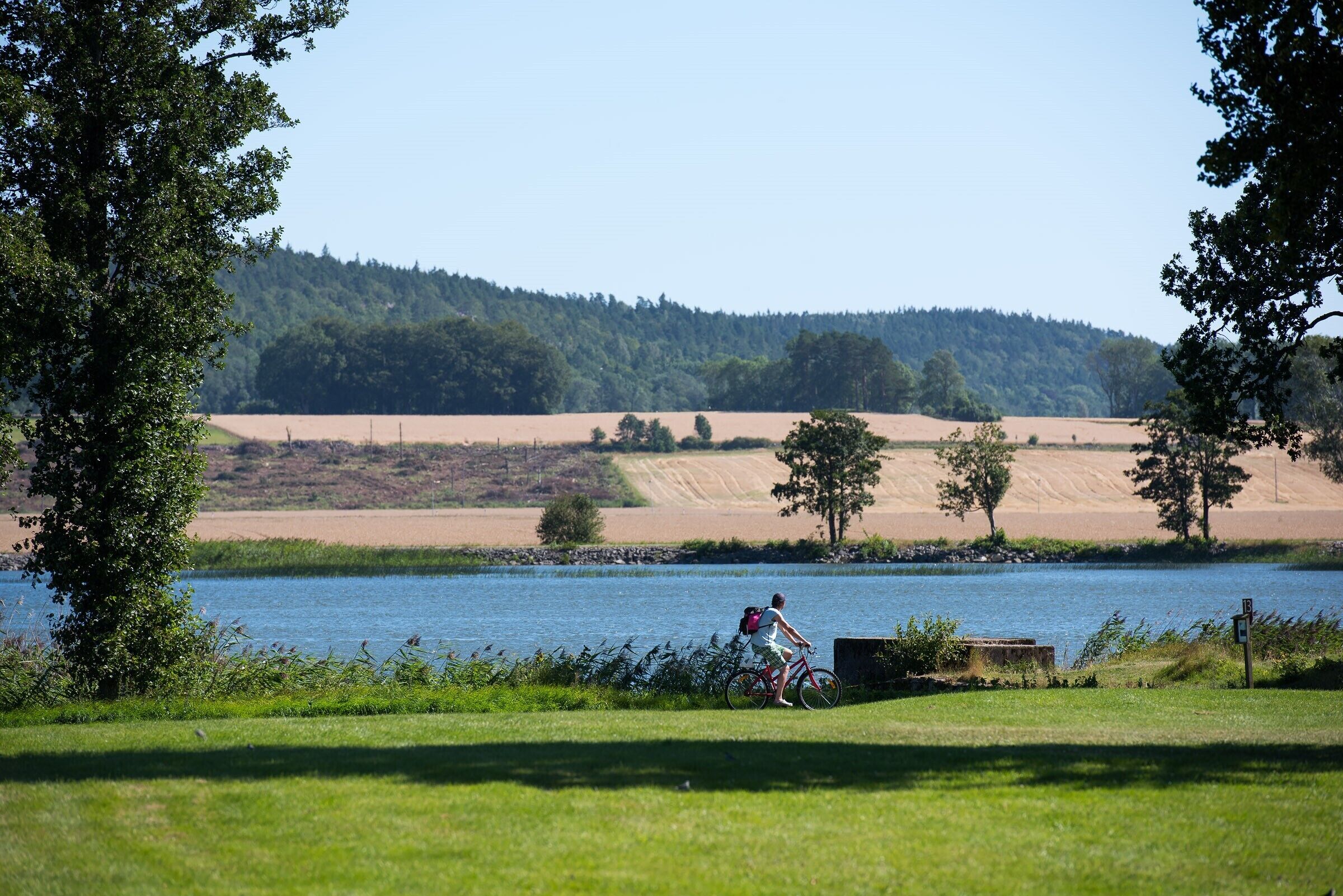 Une personne à vélo, près d’un lac, avec une colline boisée en arrière-plan.