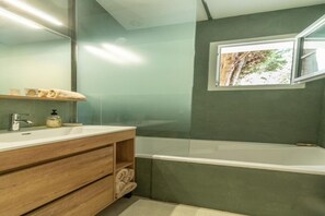 Hair dryer, towels, soap, toilet paper