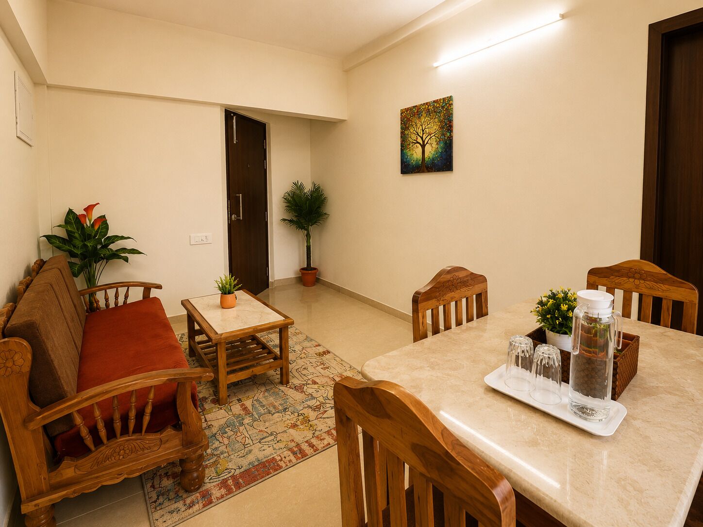 A dining area with a table, chairs, a small rug, a potted plant, and a painting on the wall.