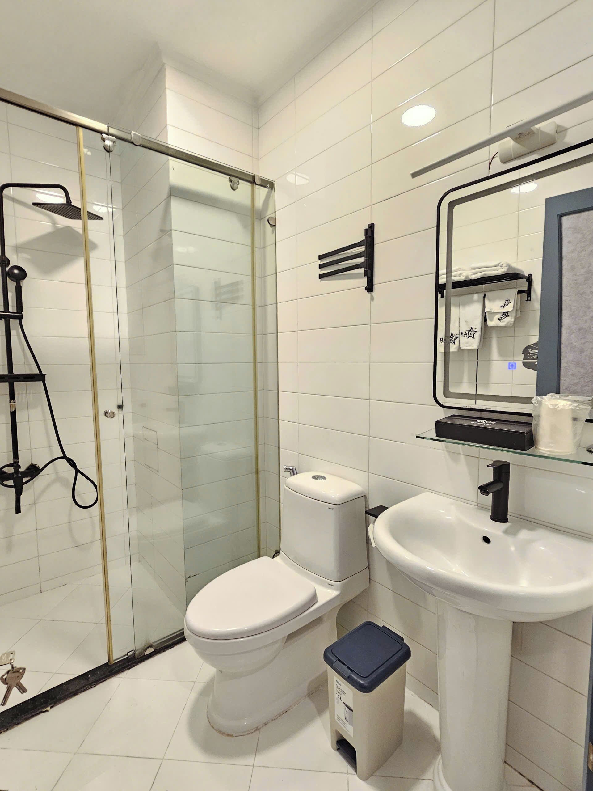 A bathroom with a glass-enclosed shower, a toilet, a sink, and a mirror.