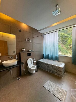 Luxe studio suite, balkon, uitzicht op bergen | Badkamer | Een haardroger, pantoffels, handdoeken, zeep