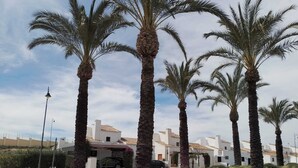 A row of palm trees and a row of white buildings with red-tiled roofs. - Lux Villa LONG-TERM RENT for 7 ppl, Private pool, Sauna, Tennis, Gym, Golf, swim (Baños y Mendigo)