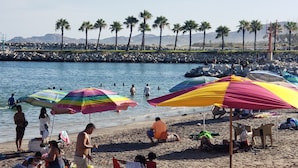 A beach with people swimming and sunbathing, palm trees, and a rocky breakwater. - Contemporary Conveniently Located 1 BR condo, Walk to beach, restaurants & bars. (San José del Cabo)