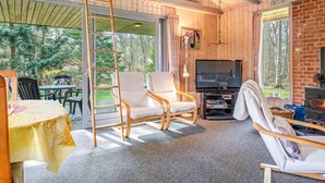 Un salon chaleureux avec un téléviseur, des sièges confortables, une cheminée et une vue sur l’extérieur.
