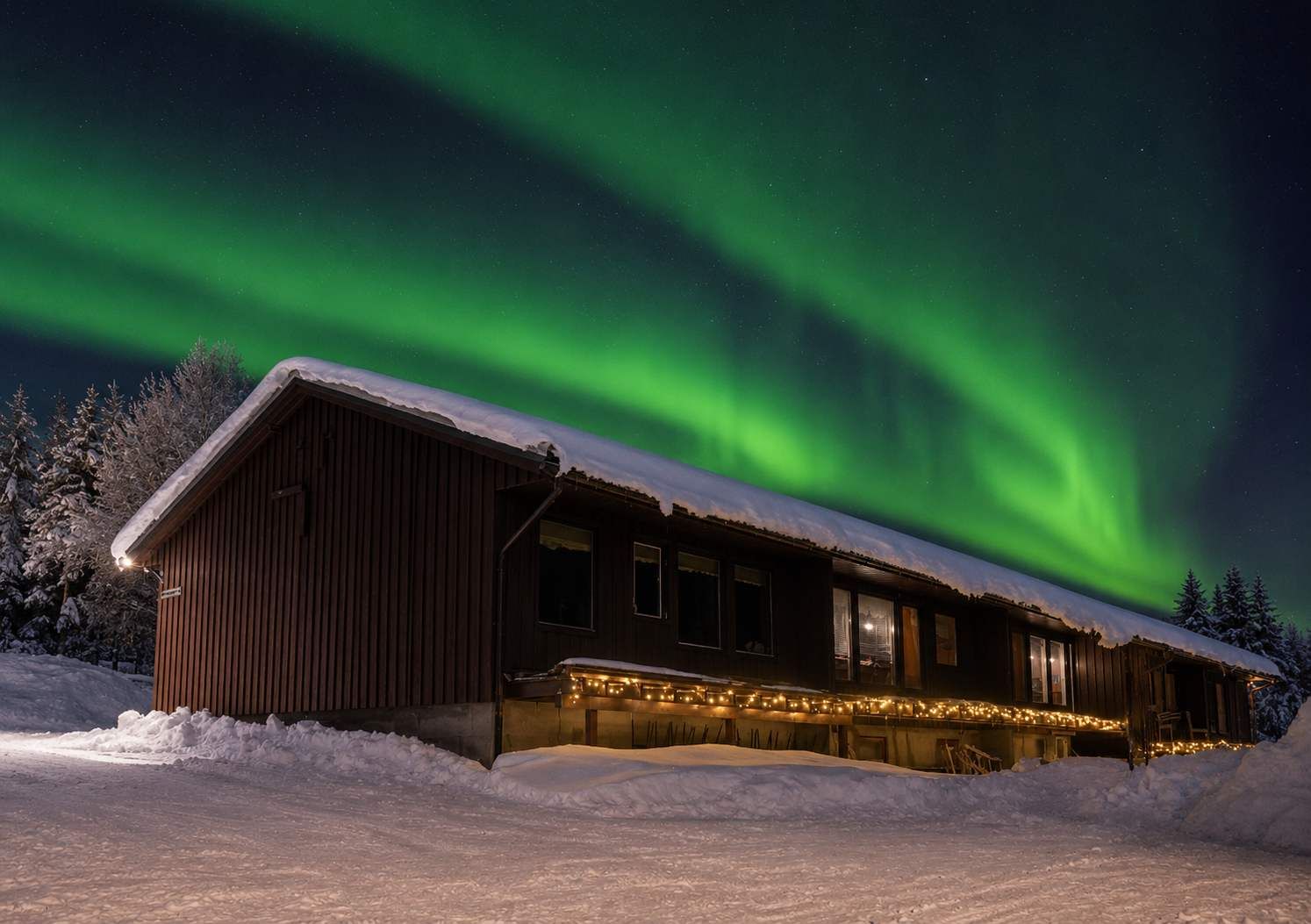 Une cabane en bois, dont le toit est recouvert de neige, entourée de neige, sous un ciel nocturne illuminé par des aurores boréales.