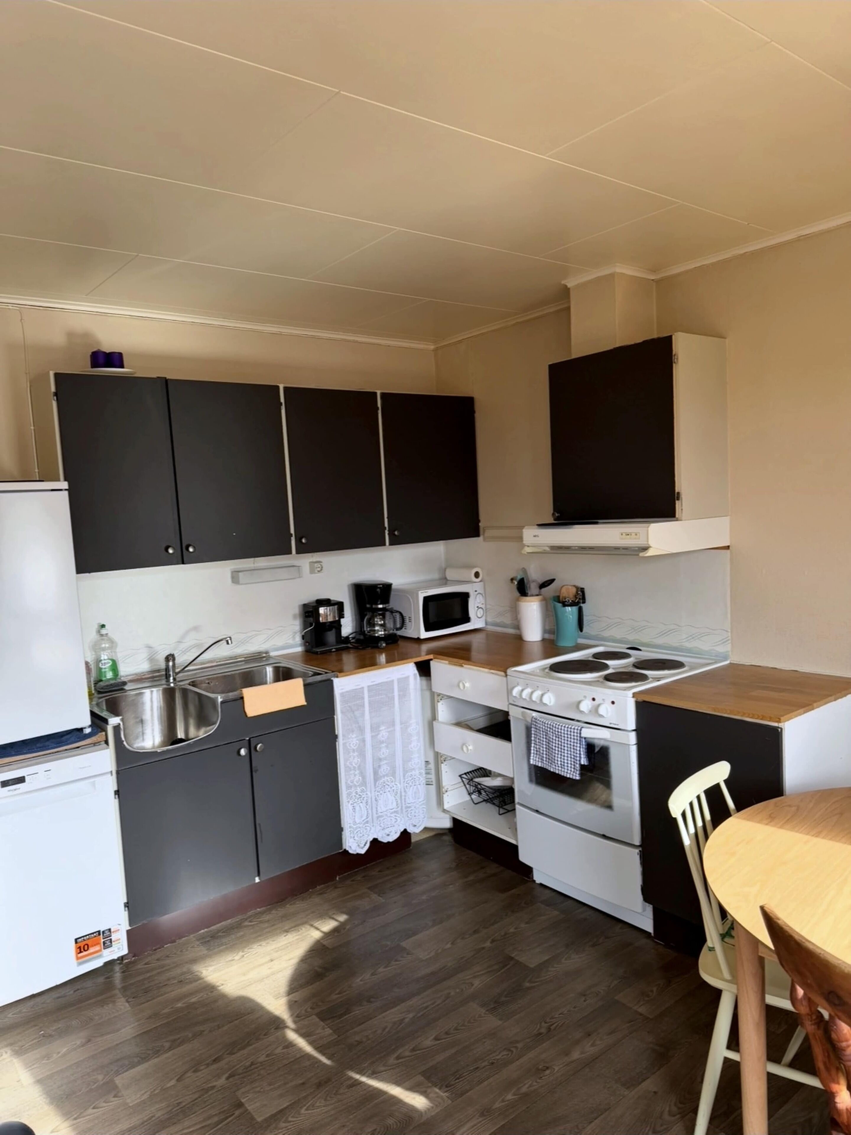 Fridge, stovetop, dishwasher, coffee/tea maker