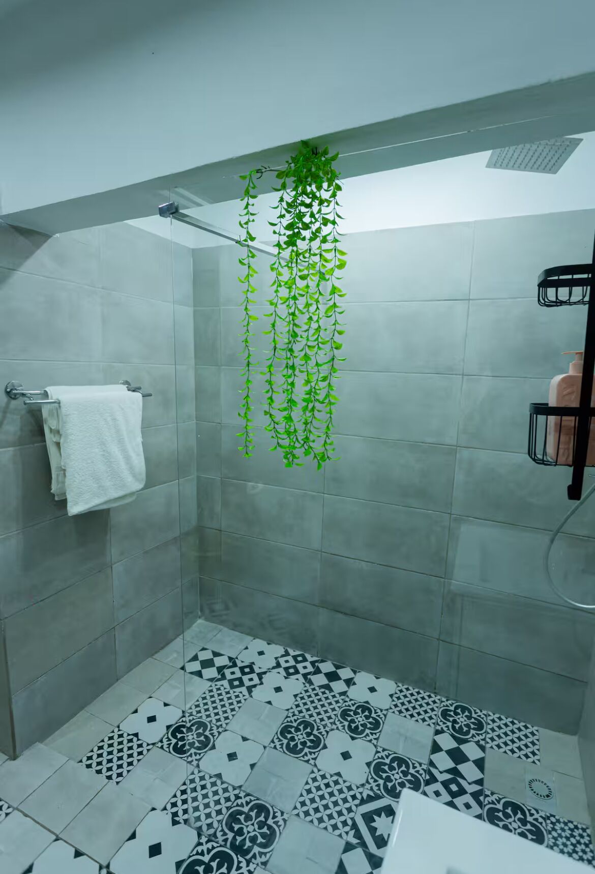 Un espace douche agrémenté d’une plante verte suspendue, d’une serviette blanche et de carreaux de sol à motifs.