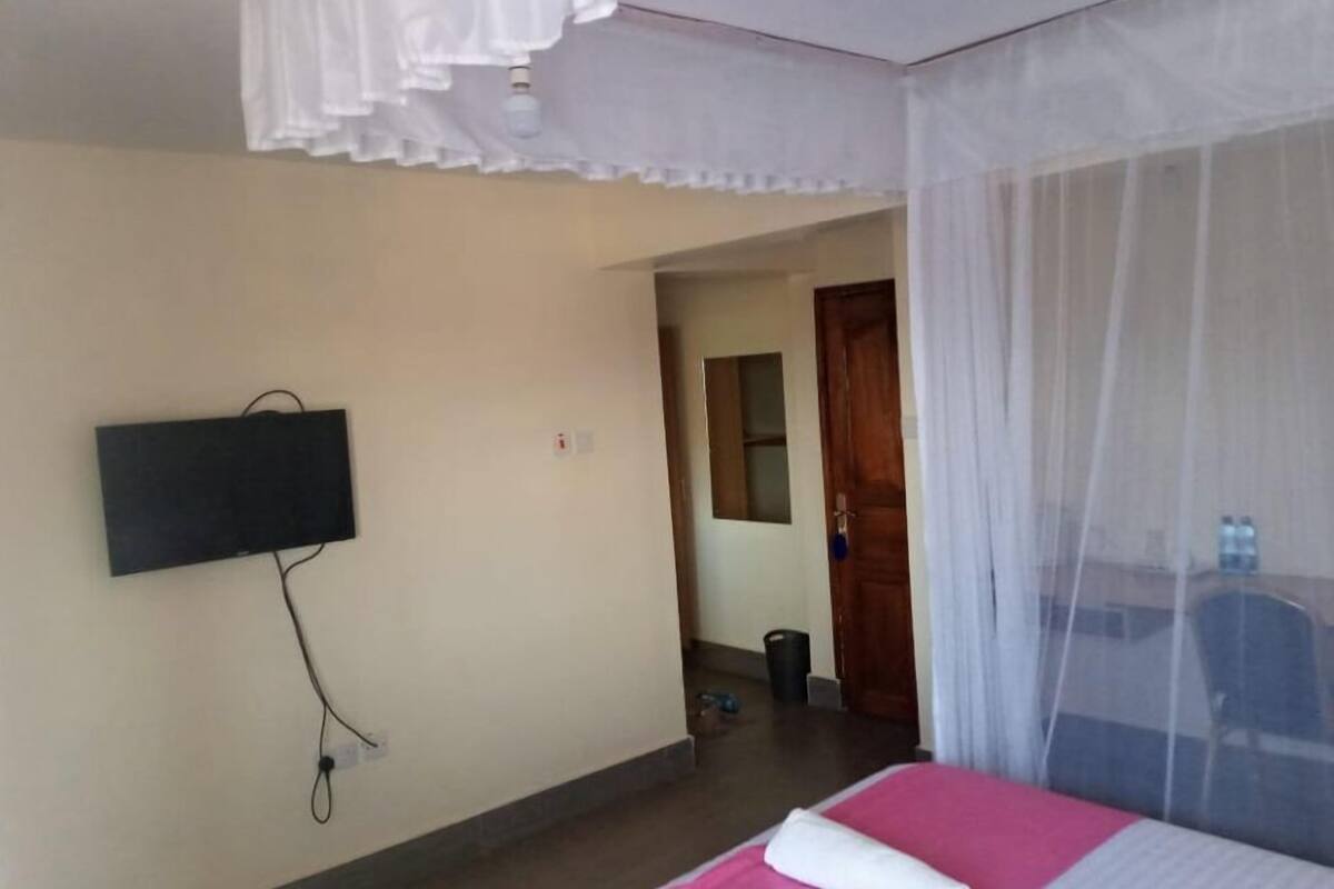 Une chambre d’hôtel avec un lit, un téléviseur fixé au mur, une porte et une fenêtre avec un rideau léger.