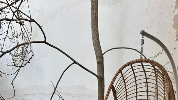 A wicker hanging chair with cushions, a wooden table, and a potted plant with white flowers. - Elegant Kolonaki Retreat | Sophisticated 2-Bedroom Apartment in Upscale Central Athens (Athina)