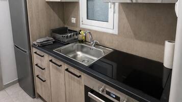 Fridge, oven, stovetop, coffee/tea maker