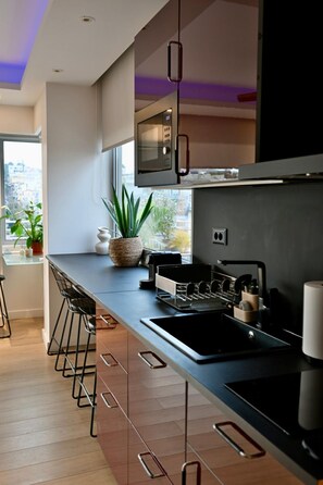 Kühlschrank, Mikrowelle, Herdplatte, Geschirrspüler