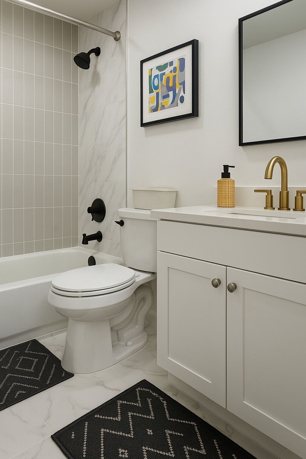 Un baño moderno con inodoro blanco, bañera, lavamanos con detalles dorados y un cuadro abstracto enmarcado en la pared.