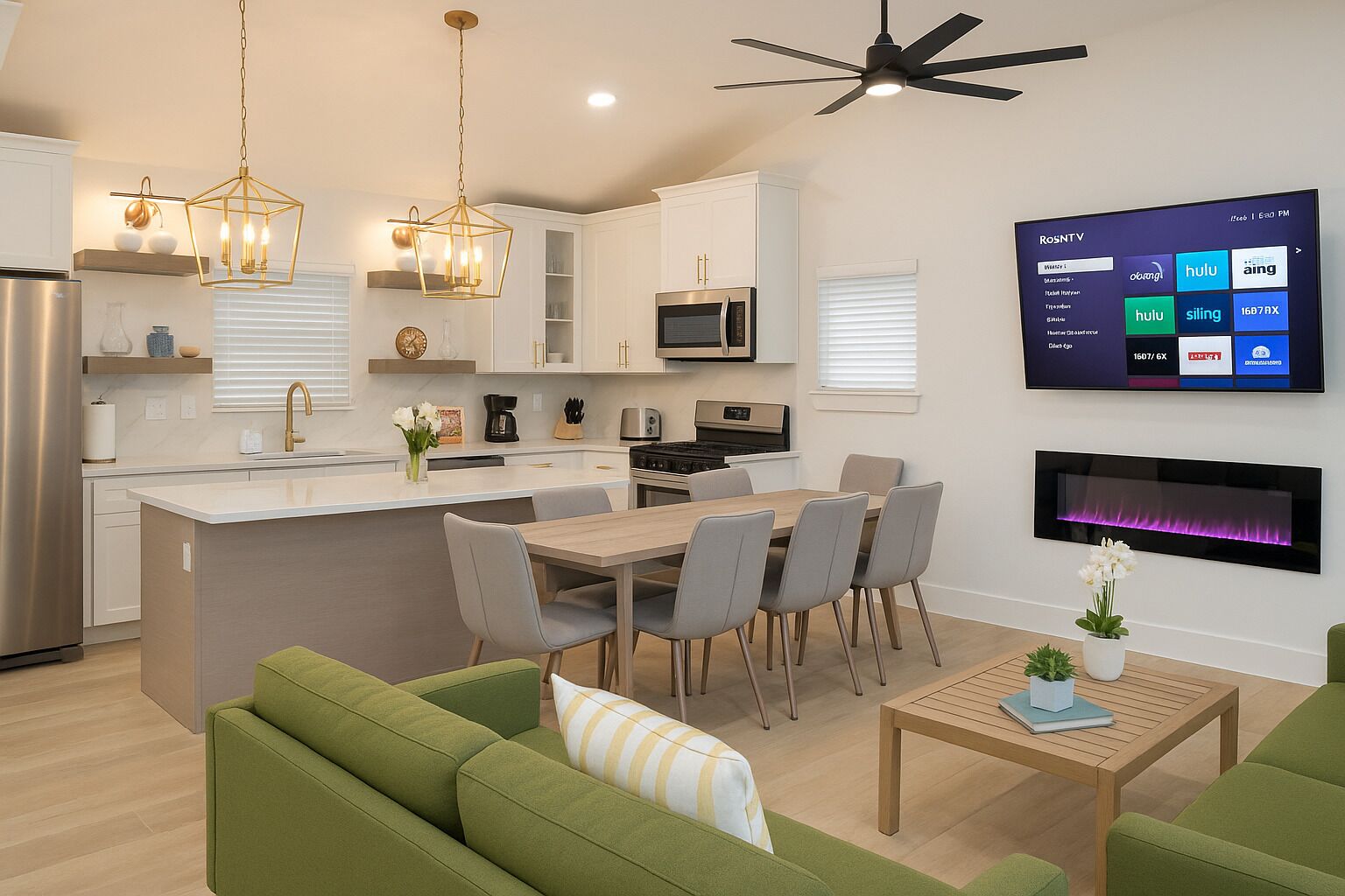 A modern kitchen with a central island, dining area with chairs, a flat-screen TV, and a fireplace.