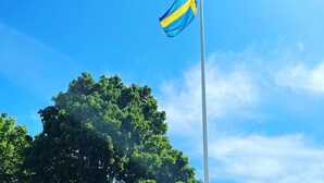 A flagpole with a flag against a clear blue sky. - Brevensgården (Brevens Bruk)