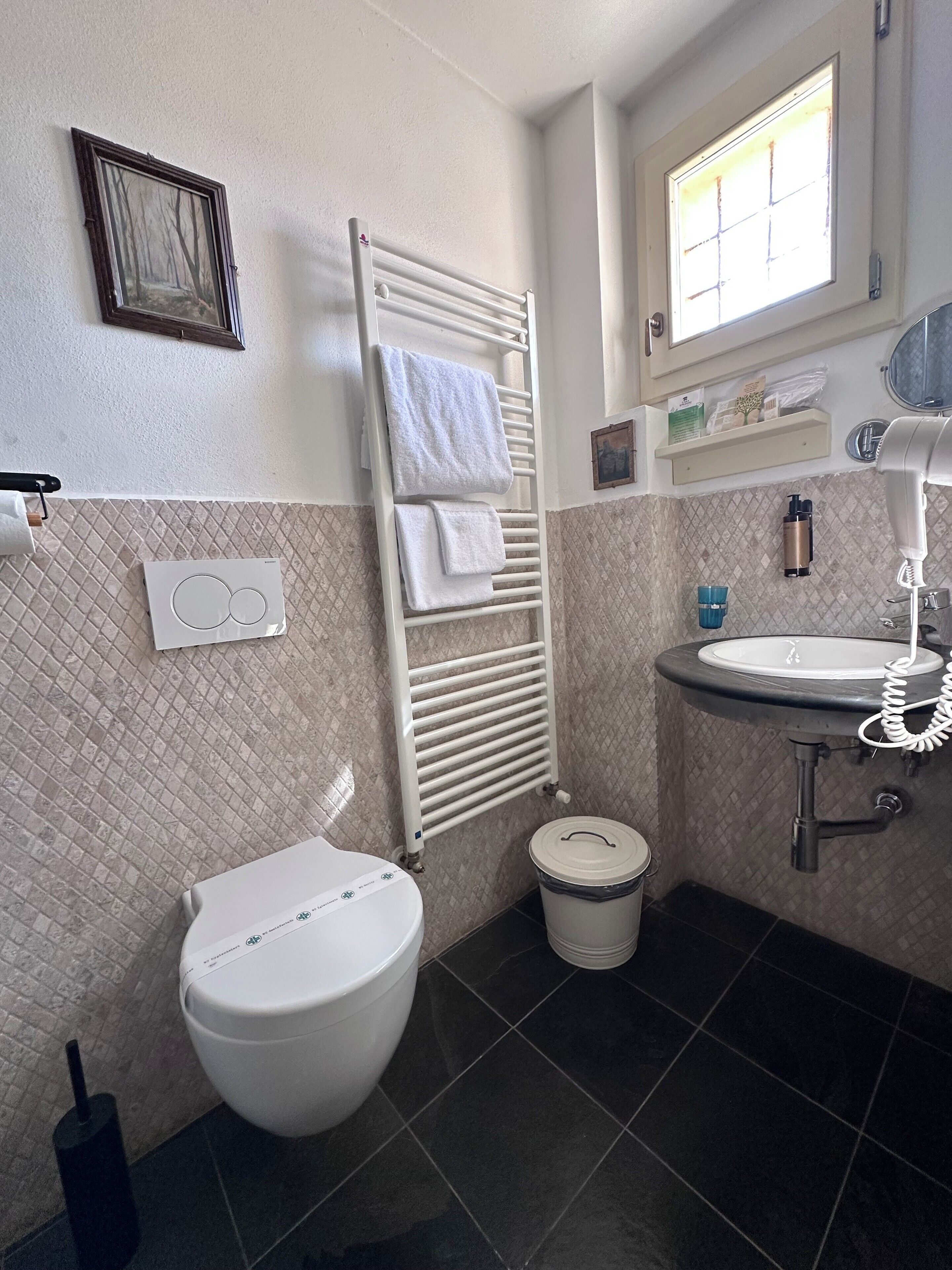 Ein Badezimmer mit Toilette, Handtuchhalter, Waschbecken, Spiegel und Fenster.