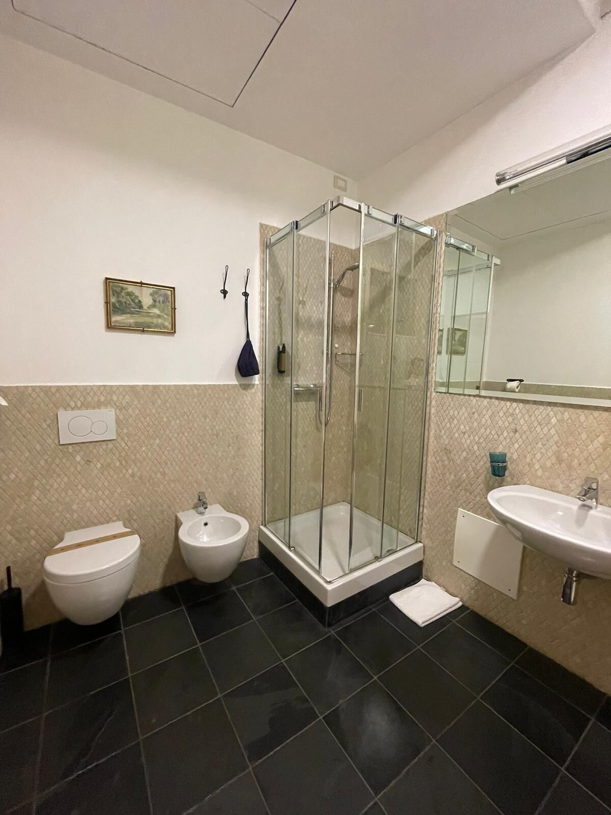 Une salle de bain avec une douche à parois de verre, deux bidet, des toilettes et un lavabo.