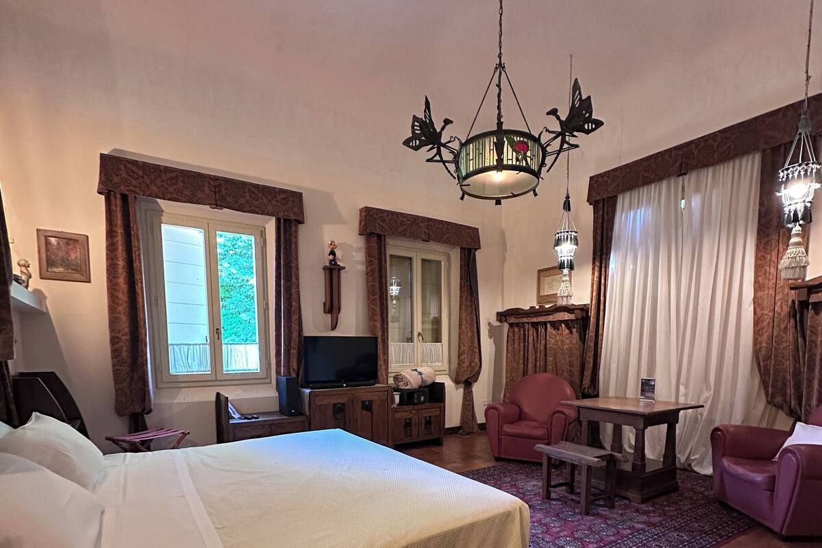 Una habitación de hotel con una cama grande, un escritorio, una silla, un televisor y una araña.