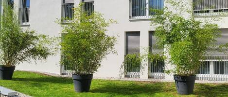Un edificio moderno con numerosas ventanas, algunas protegidas con rejas, y macetas con plantas en la fachada.