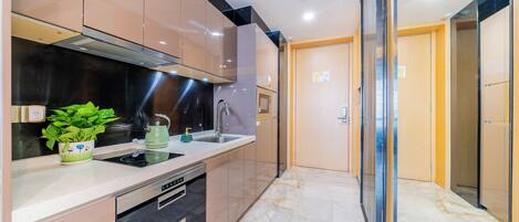 A modern kitchen with stainless steel appliances, a marble countertop, and a potted plant.