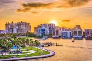 A waterfront cityscape with high-rise buildings, a marina, and a park with palm trees.