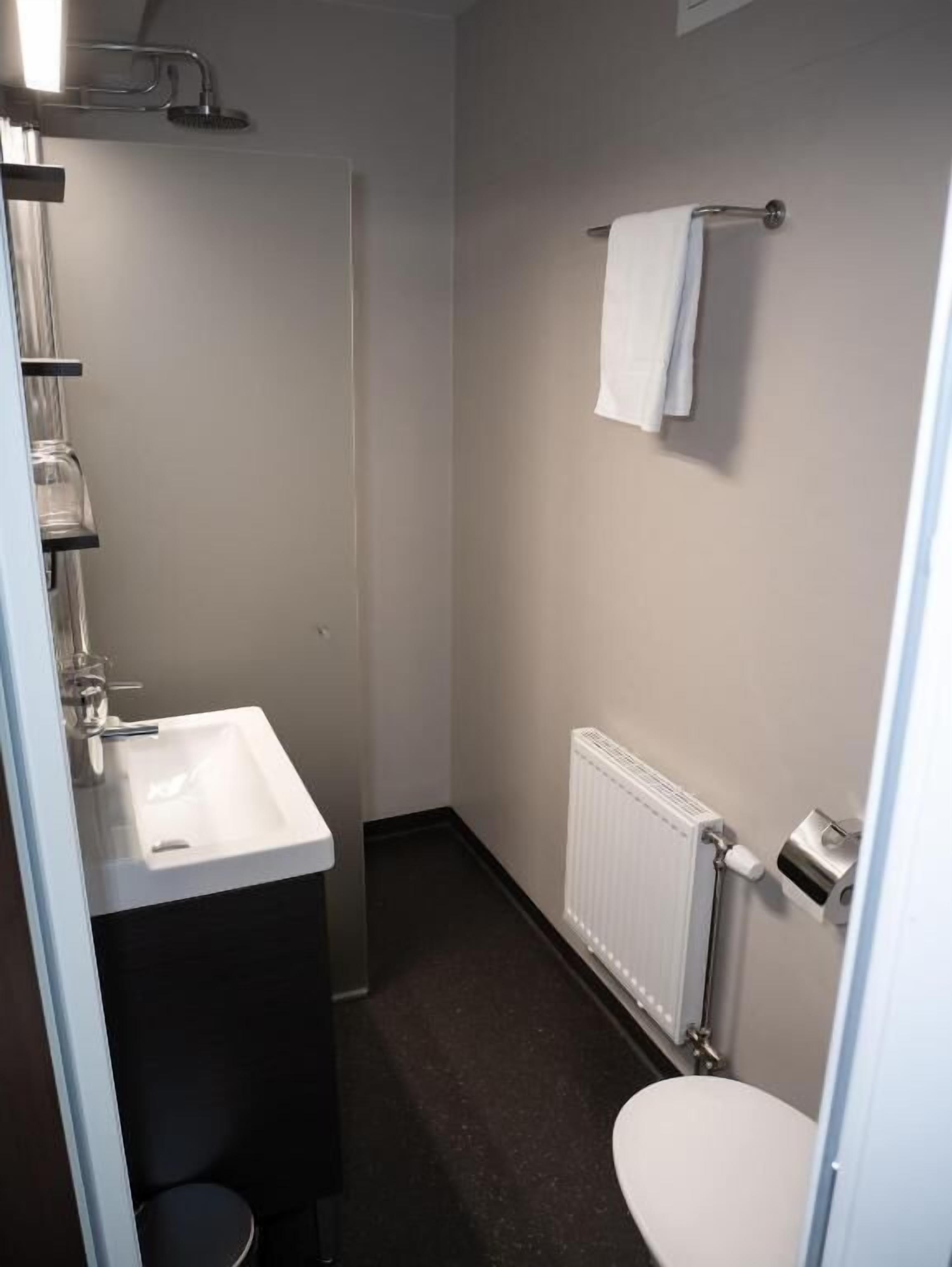 Een kleine, smalle badkamer met een wit wastafel, toilet en douche.
