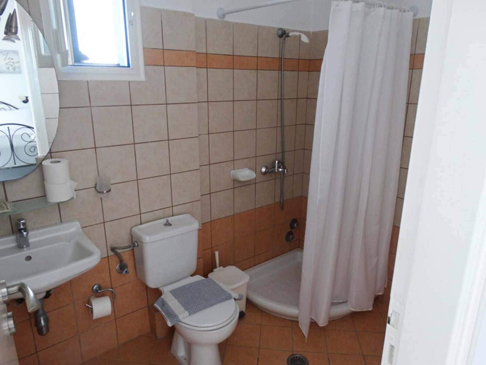 A bathroom with a toilet, sink, and shower.