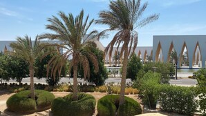 Ein angelegter Garten mit Palmen, ordentlich geschnittenen Büschen und einem modernen Gebäude im Hintergrund, dessen Architektur durch einzigartige Bögen gekennzeichnet ist.