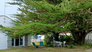 A backyard with a large tree, a white building, and outdoor furniture. - Vendée House 3 BR, Pet-Friendly, Near Beach (Notre-Dame-de-Monts)