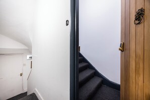 Eine Treppe mit Teppichstufen führt zu einer Holztür mit Messinggriffen.
