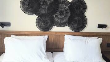 Premium bedding, pillowtop beds, desk, laptop workspace